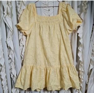 Moon River yelow bubble puff sleeve mini dress large lined floral button back